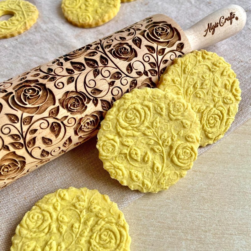 DAMASCUS ROSES Embossed Rolling Pin Wooden Embossing Dough Roller for Cookies... gallery