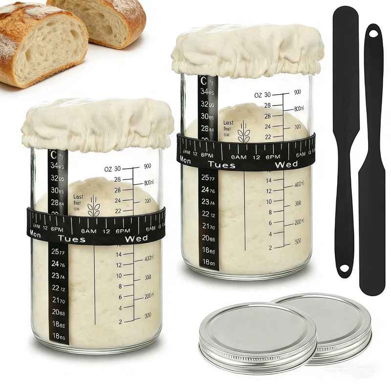 2 Pack Sourdough Starter Jar Kit 34oz Glass Fermentation Jar/Thermometer/Scraper