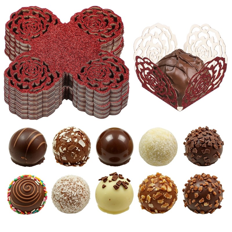 50Pcs 1.4×1.4″ Glitter Rose Truffle Wrapper Cupcake Liners for Decor, Red