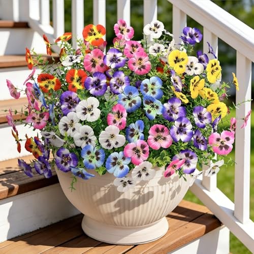20 Bundles Artificial Pansy Flowers for Outdoors, Fake Silk Multi Color