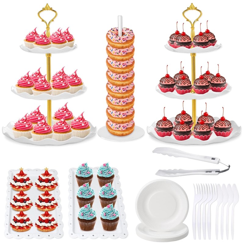 46Pcs Dessert Table Display Set 2X 3 Tier Cupcake Cake Tower Stand 2X Plastic…