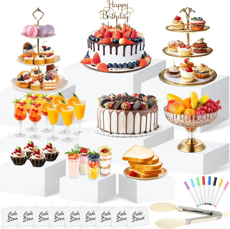 9 PCS White Buffet Risers and Stands | Food Display Risers for Buffet Table | Ac