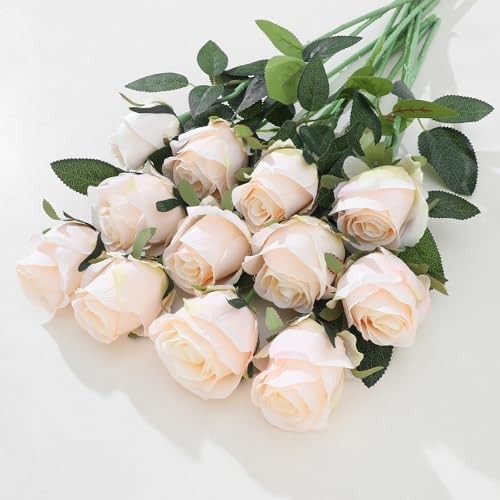 12Pcs Realistic Fake Roses Faux Flowers with Long Stems, Artificial Silk Cream gallery