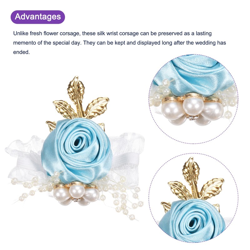 4pcs Wrist Corsage Artificial Flower Bracelets Rose Decorative 7x7cm Sky Blue gallery
