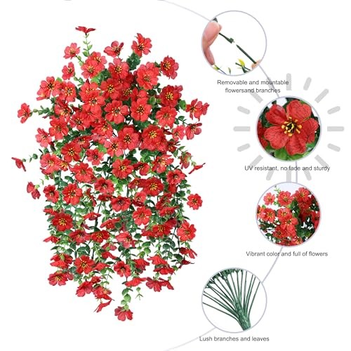 Artificial Hanging Flowers for Outdoors Decoration, 2Pcs Fake Spring Red gallery