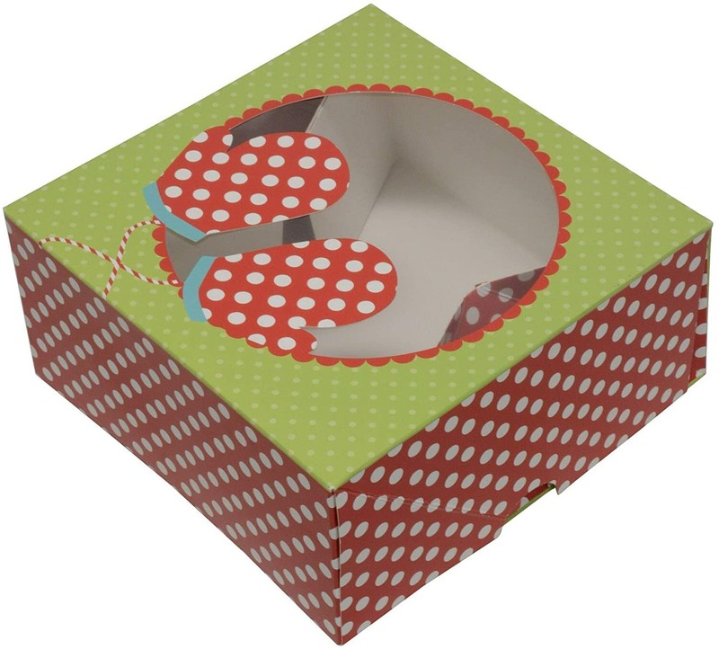 Set of 12 6 in Gift Box with Clear Plastic Window, Pastry Boxes, Red and Green