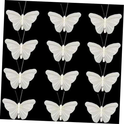 12PCS Artificial Feather 3D Butterfly On Clip 4.9-Inch Realistic White