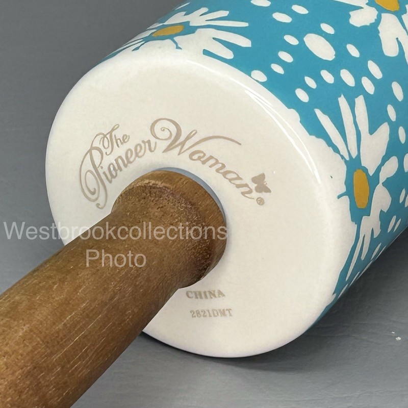 The Pioneer Woman FLEA MARKET Ceramic Rolling Pin Daisy Acacia Wood Handle gallery