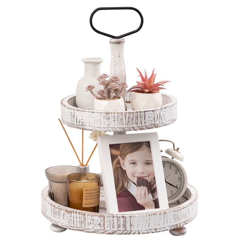 Farmhouse Two Tiered Wooden Tray Stand, UBTKEY 2 Tier Wood Distressed White