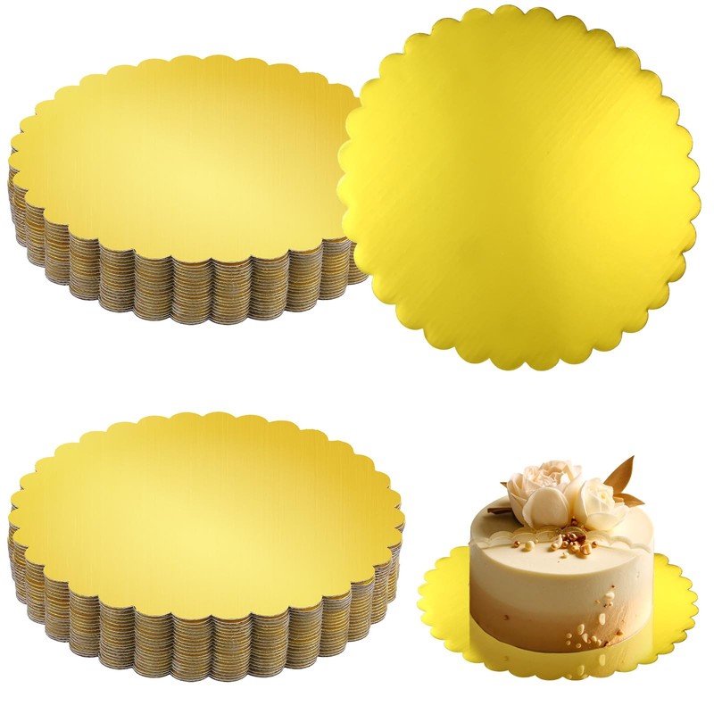 50 Pcs 10 Inch Gold Cardboard Cake Boards, Scalloped Edge Disposable Grease P…