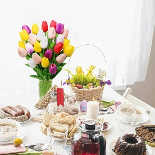28pcs Multicolor Flowers Artificial Tulip Stems Real Feel PU Tulips Multi Color gallery
