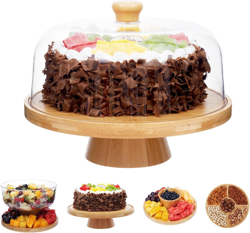 Bamboo Cake Stand with Lid, 6-In-1 Multifunctional Cake Plate, Cake Holder, Serv