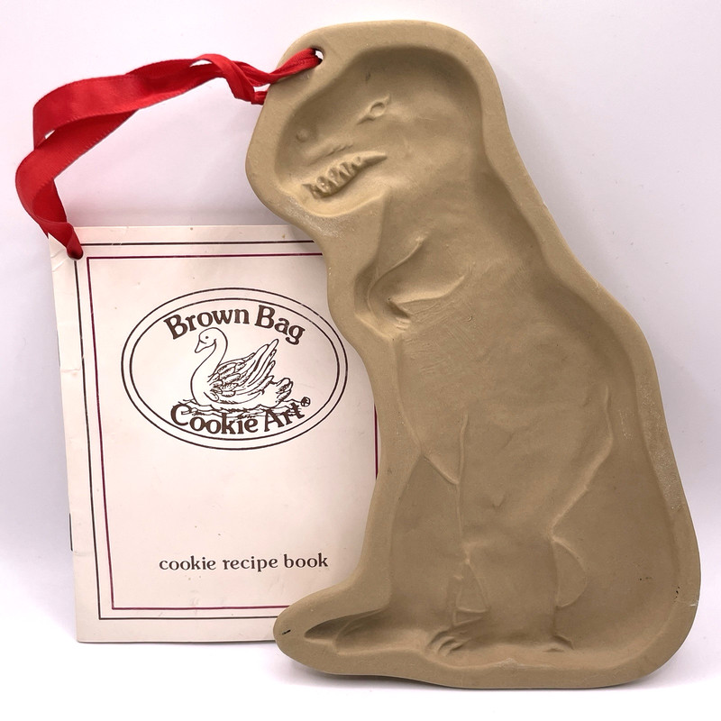Brown Bag Cookie Art Stoneware Cookie Mold T Rex Dinosaur Vintage 1985