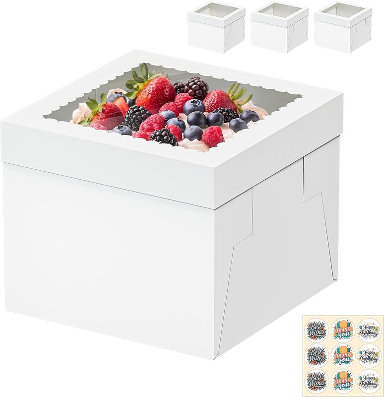 3 Pack Cake Boxes, 12x12x8 Inches Tall Cakes Box, White Cake Boxes with large