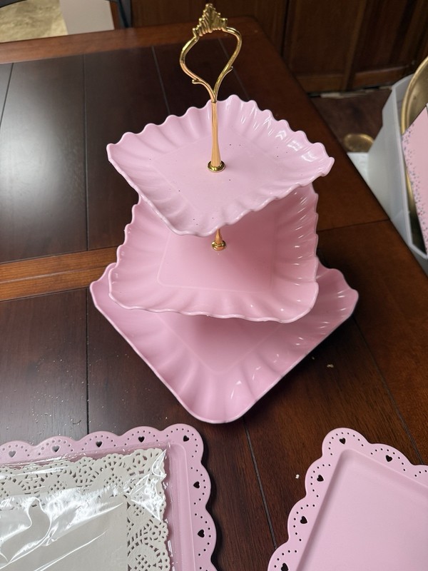 3-Tier Square Pink Cake Stand with Gold Handle, 3 rect. trays,LED lights/ beads gallery