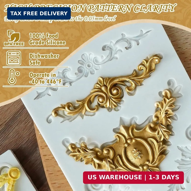 HKNMTT Baroque Style Silicone Molds Curlicues Scroll 3D Border for Clay Fondant gallery