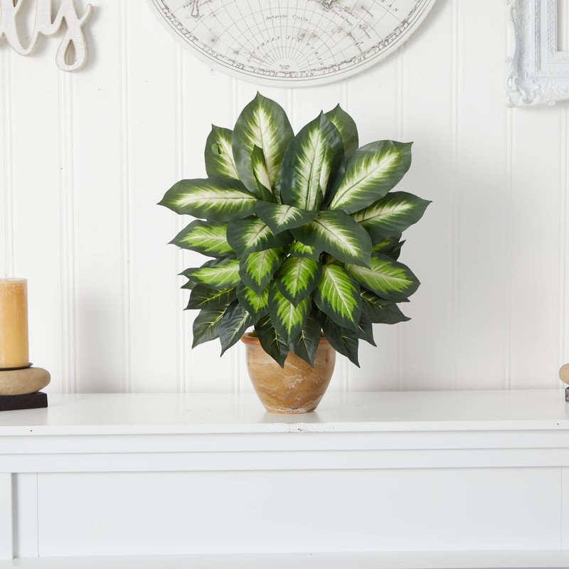 Nearly Natural Artificial Dieffenbachia Plant Faux Greenery In Ceramic Planter gallery