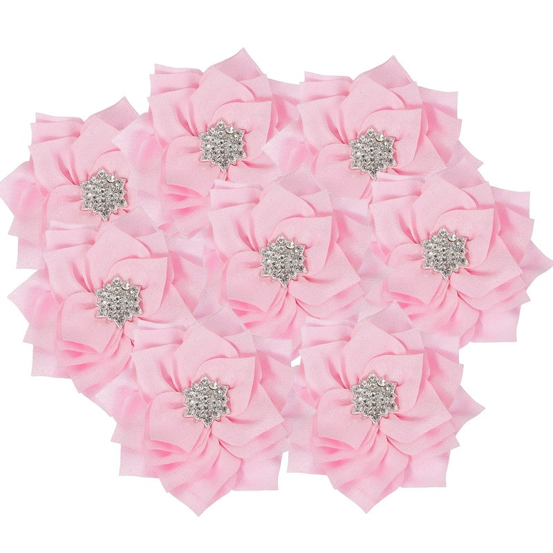 3 Inch 10 Pcs Rhinestone Pearl Chiffon Flower, Light Pink