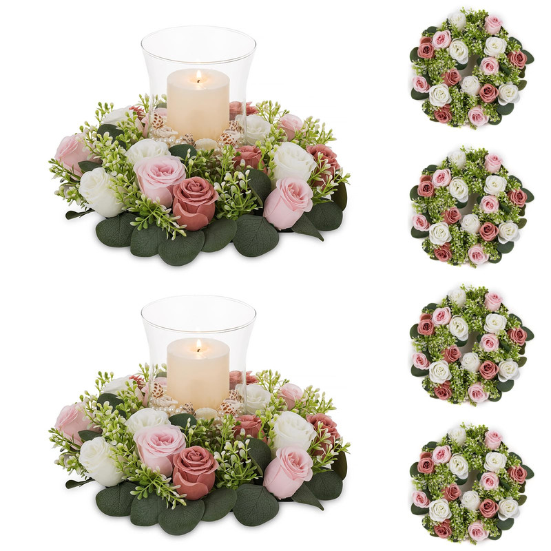 Nuptio Flower Candle Rings For Centerpieces 13.4 Inch Artificial Rose Wreath