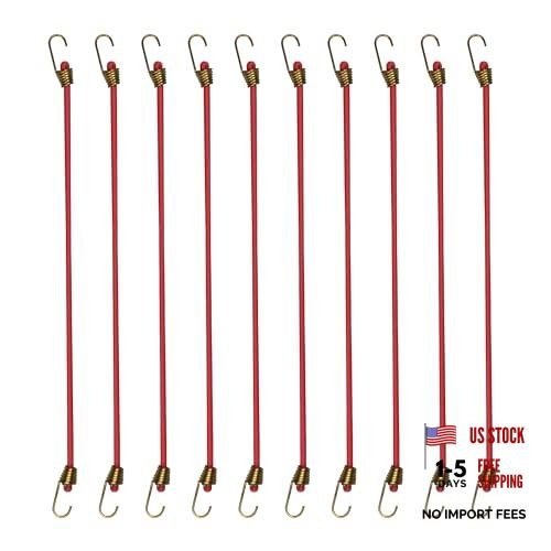10 Red Heavy Duty Bungee Cords with Hooks - Small Elastic Straps with Hooks