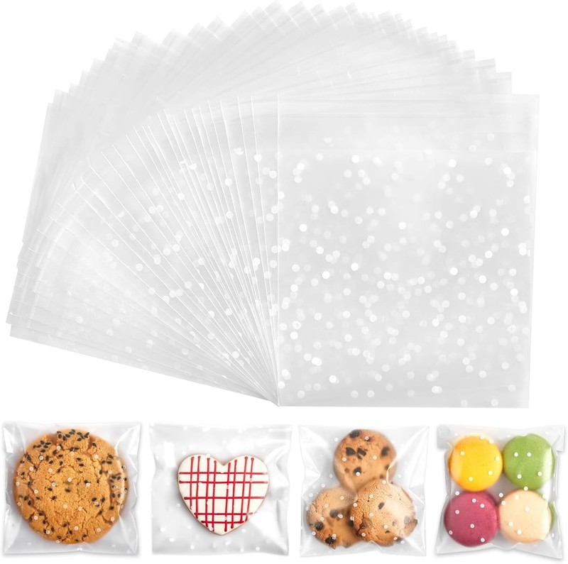 300 Self Adhesive Cookie Bags, 4 x 4 Inches White Polka Dot Cellophane Treat
