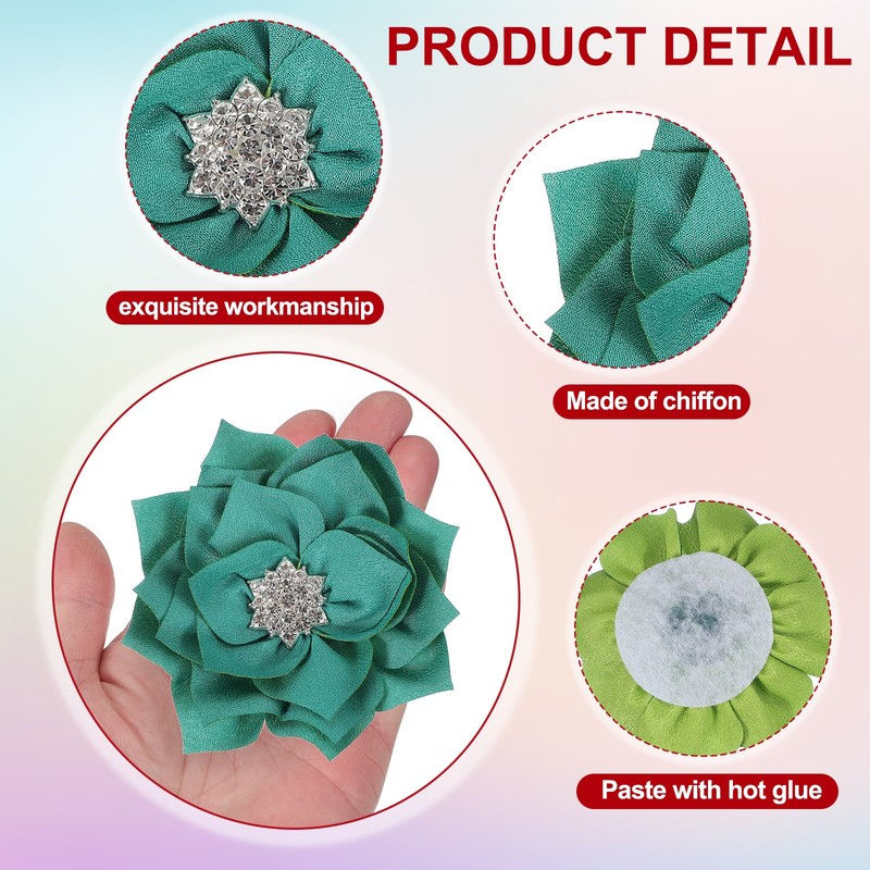 3 Inch 5 Pcs Rhinestone Pearl Chiffon Flower, Green gallery