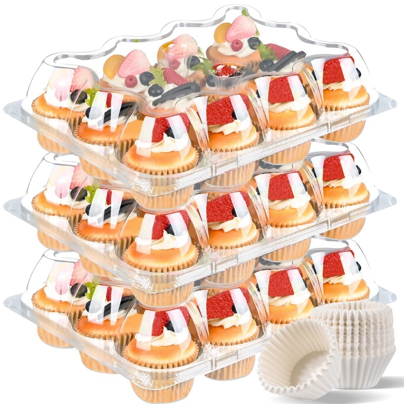 Plastic Cupcake Containers 12 Count (12 Sets), Stackable Cupcake Boxes Holders w