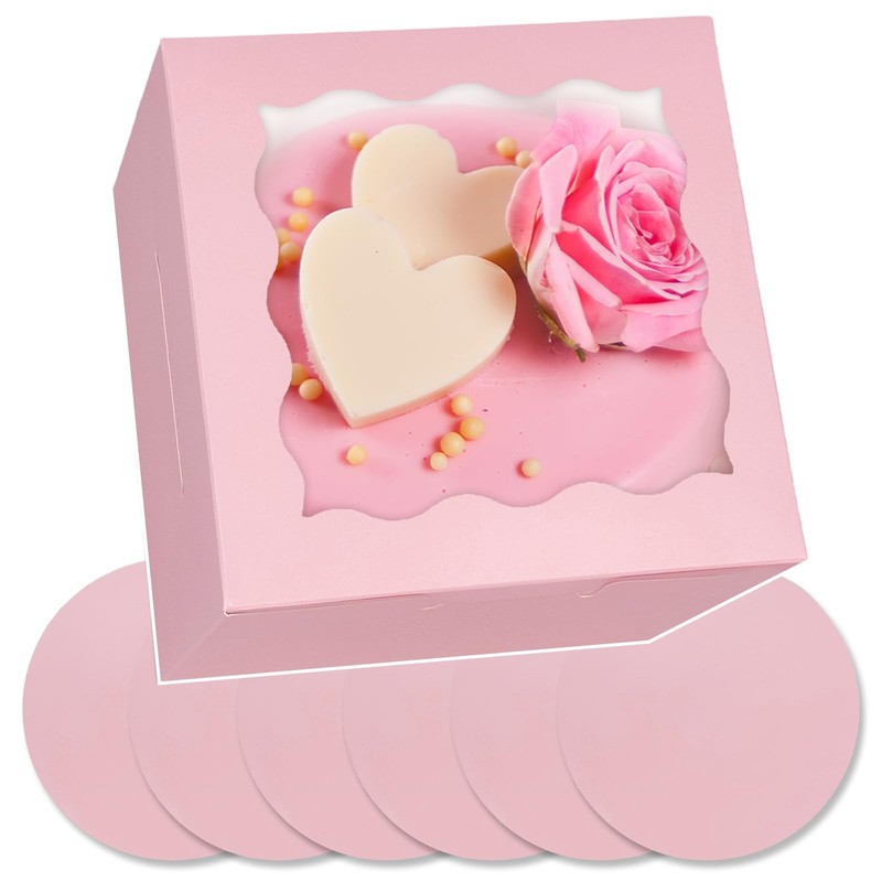 36 PCS 6x6x5 Inch Cake Boxes Window Pink 6 Inch Bakery Boards Included