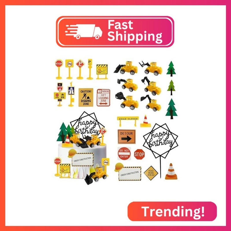 27 PCS Mini Construction Vehicles Cake Decoration Set Truck Road Sign Cake Toppe