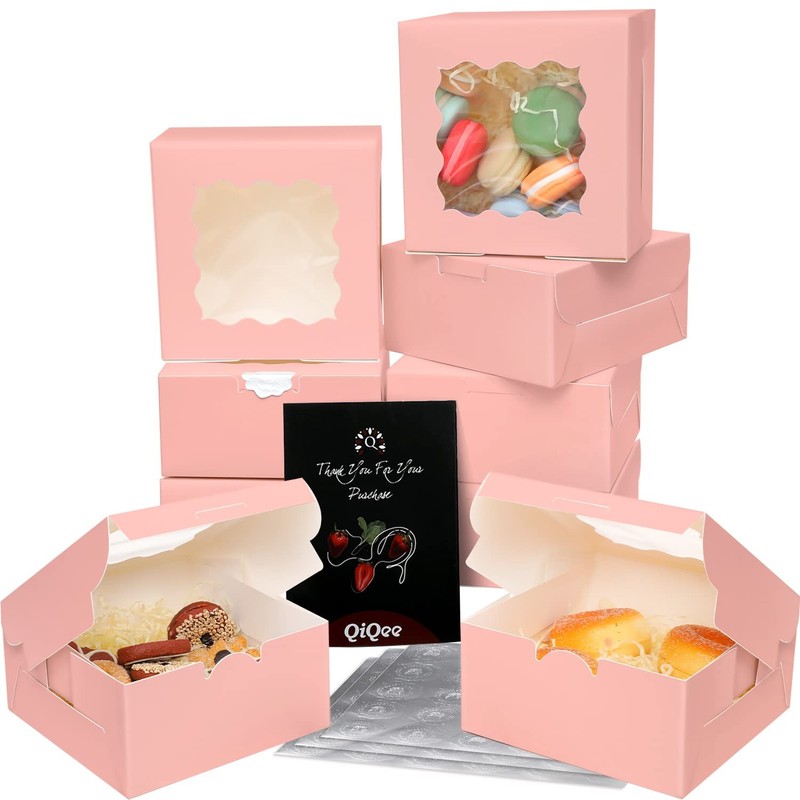 100 PCS Pink Bakery Boxes Window 6x6x3 Inch Macaroon Pastry Cookie gallery