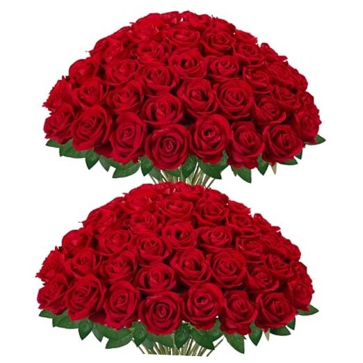 Pcs Roses Artificial Flowers, Fake Velvet Silk Rose Bulk Faux Flower 50 Red gallery