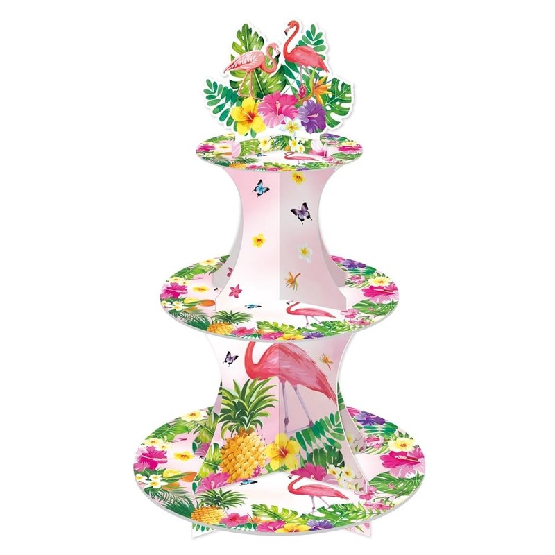 3-Tier Hawaiian Luau Cupcake Stand – 18 Inches Tall, Flamingo and Tropical Fl…