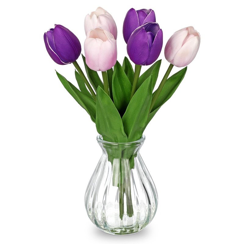 Faux Tulips Flowers Floral Arrangement - 6 Stems Artificial Flowers with Clea...