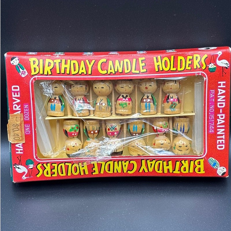 Vintage 1960s Hand Carved Kokeshi Birthday Candle Holders/Picks Set of 12 Japan