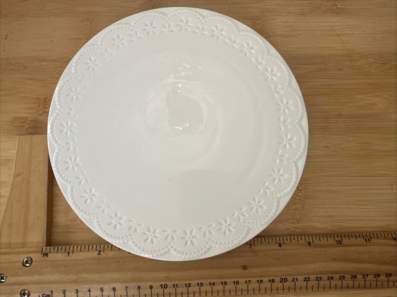 Nottingham Lace White Embossed 8" Pedestal Cake Stand Porcelain Scalloped Edge gallery