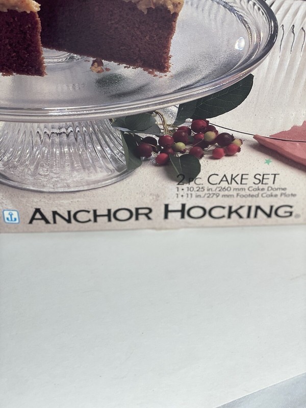 Anchor Hocking Entertainers Glass Domed Footed Cake Set Stand - USA made - NIB gallery