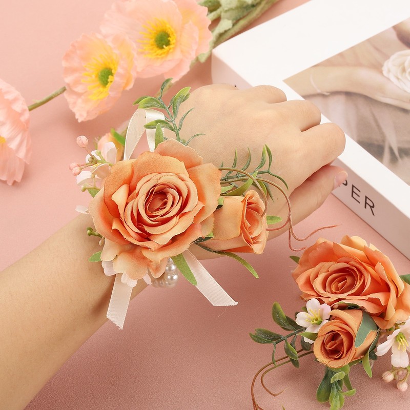 2 Set Artificial Flower Wrist Corsage and Boutonnieres Set for Men Women Pink gallery