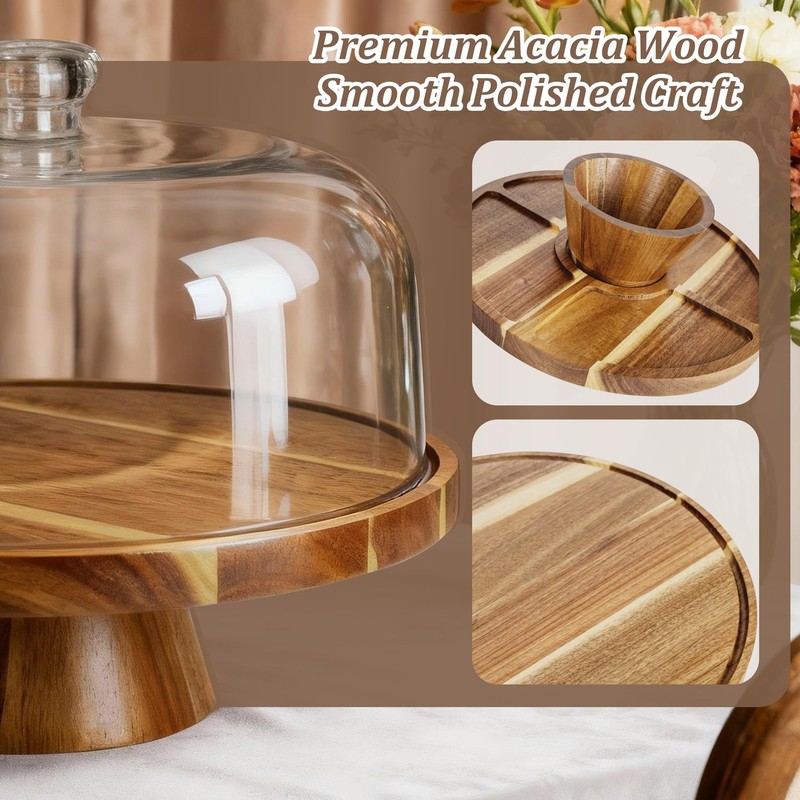 Acacia Wood Cake Stand with Dome Lid, 2-in-1 Dessert Table Display Set & Char... gallery