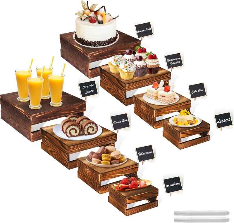 8 Pcs Buffet Risers W/ Mini Signs Rustic Wood Cake Stands Food Risers Buffet