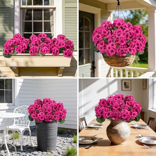 8 Pcs 17" Artificial Geranium Flowers for Outdoors, Fake Silk Flowers Fuchsia gallery
