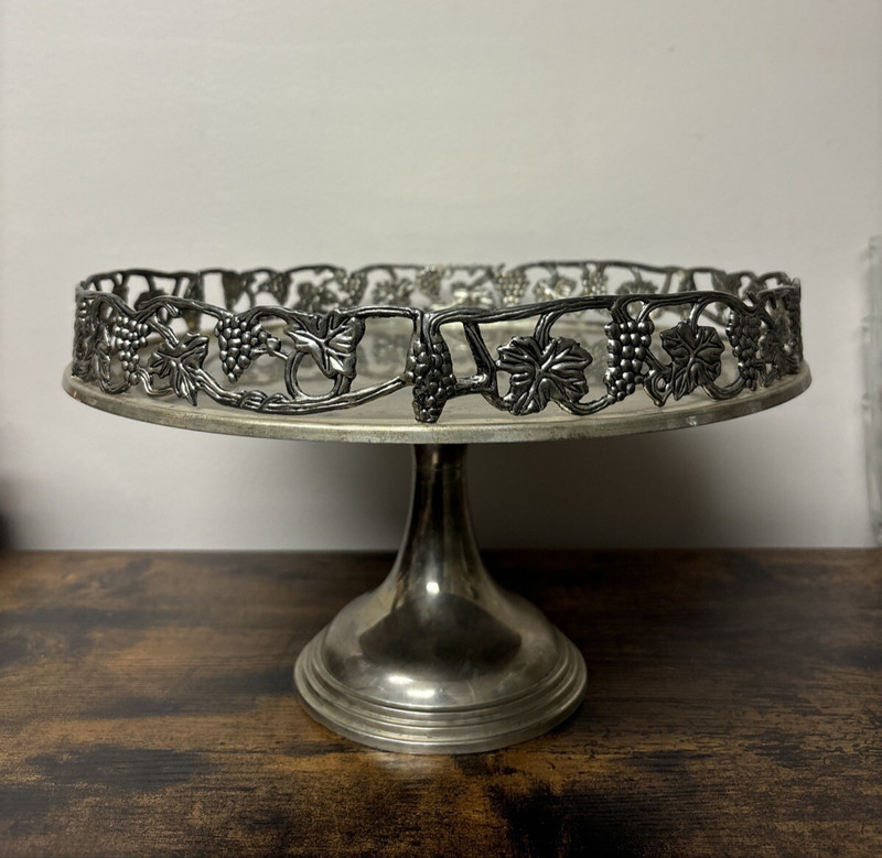 Silver Cake Pedestal Display Riser Grape Vine Design Large Vintage Silver Plate