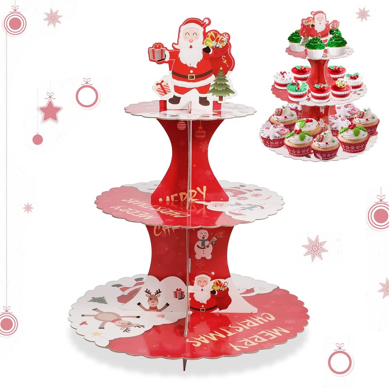 3 Tiers Santa Claus Christmas Cupcake Stand, Round Shape Cake Stand Macaron D…
