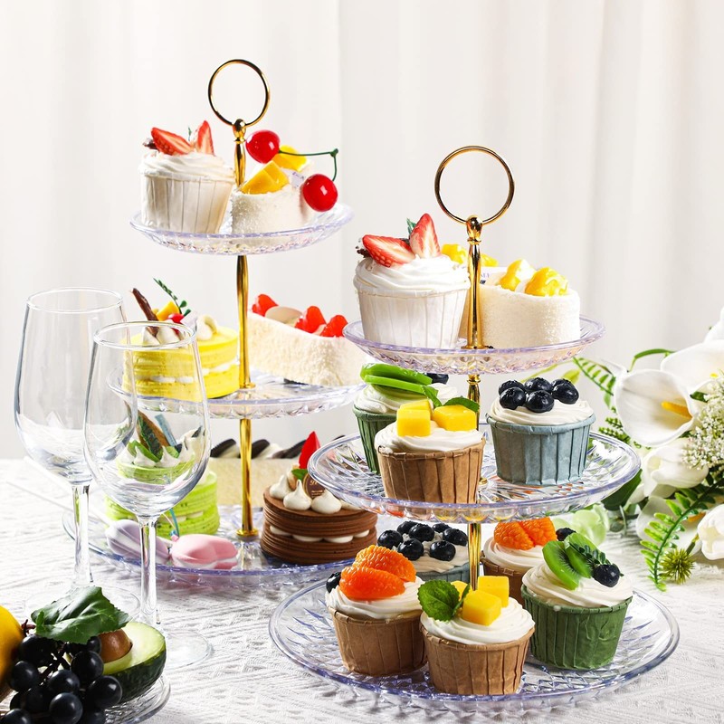 8-Pack 3-Tier Acrylic Cake Stand Set - Clear & Gold Serving Tray for Weddings, B gallery