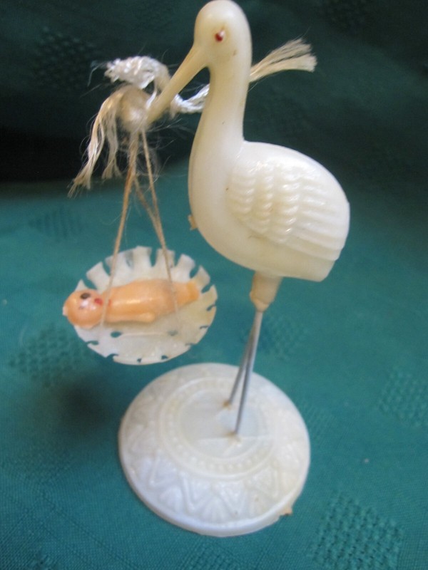 Vtg Celluloid 4-1/4″ tall 1960s Stork w/Baby Shower Gift Decoration Cake Topper