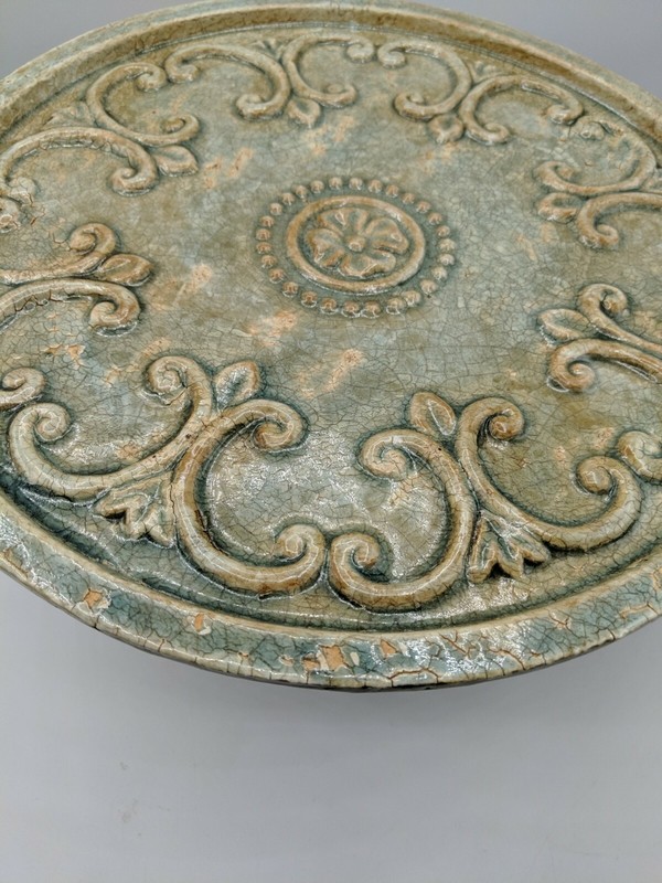 Lrge Cake Plate Stand Ceramic Privilege International 12.5" X 7" Distressed Look gallery