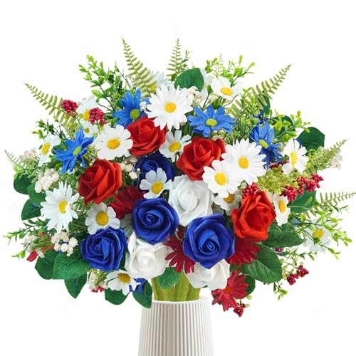 8 Bundles Patriotic Artificial Flowers, 4th of July Red White and Blue 8 PCS