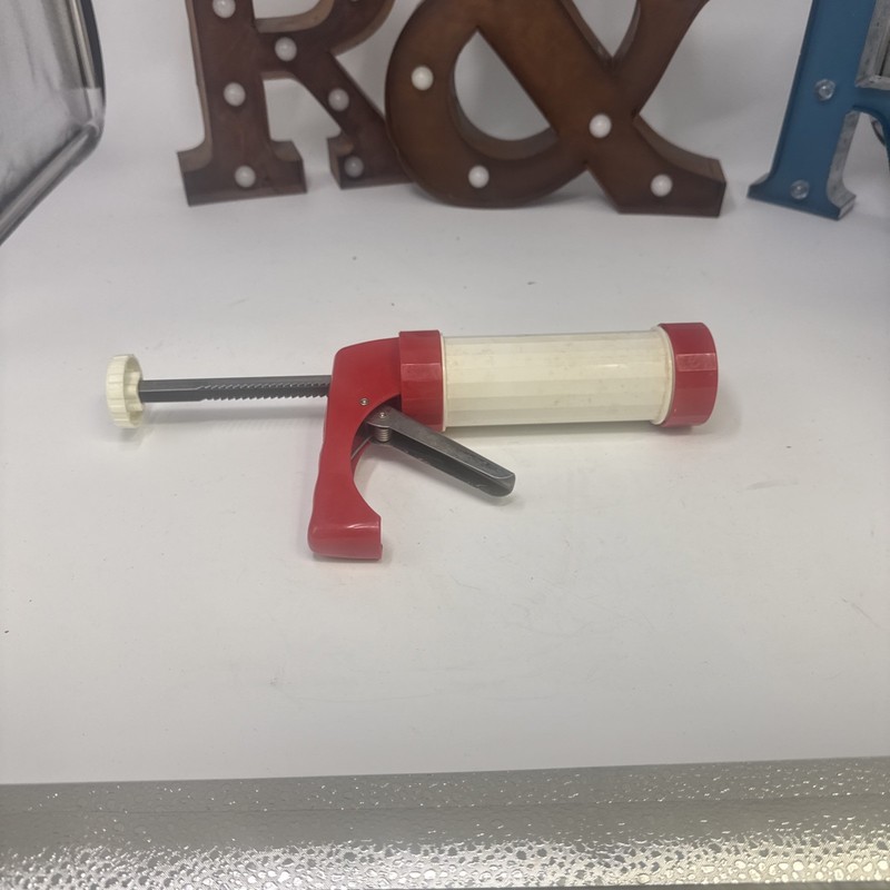 Vintage Ronco Cookie Press With 3 Plates and Tube Red And White Metal mechanism