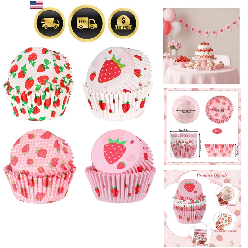 Strawberry Cupcake Liners, 100 Pcs Cute Cupcake Liners Pink Strawberry Cup Ca…