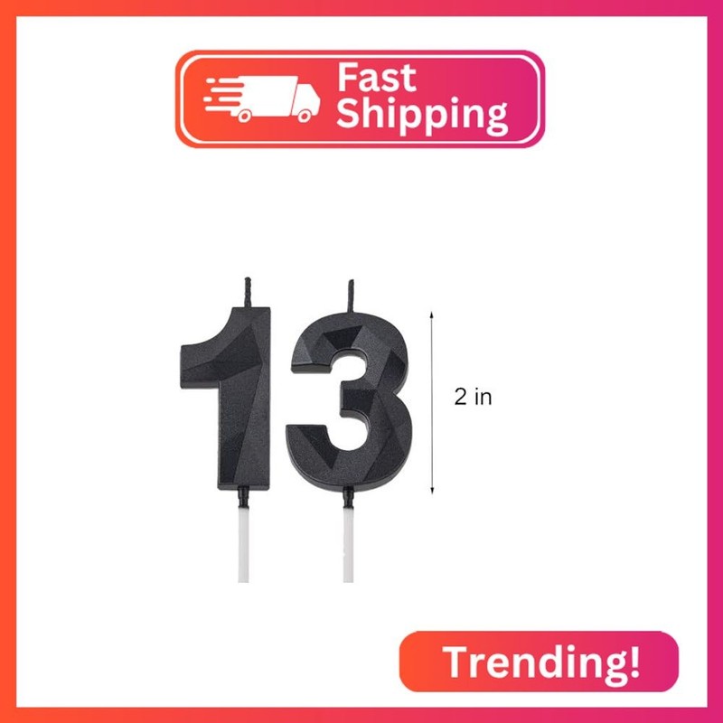 2 inch Black 13 & 31 Birthday Candles, 3D Diamond Number 13rd & 31st Cake Topper gallery