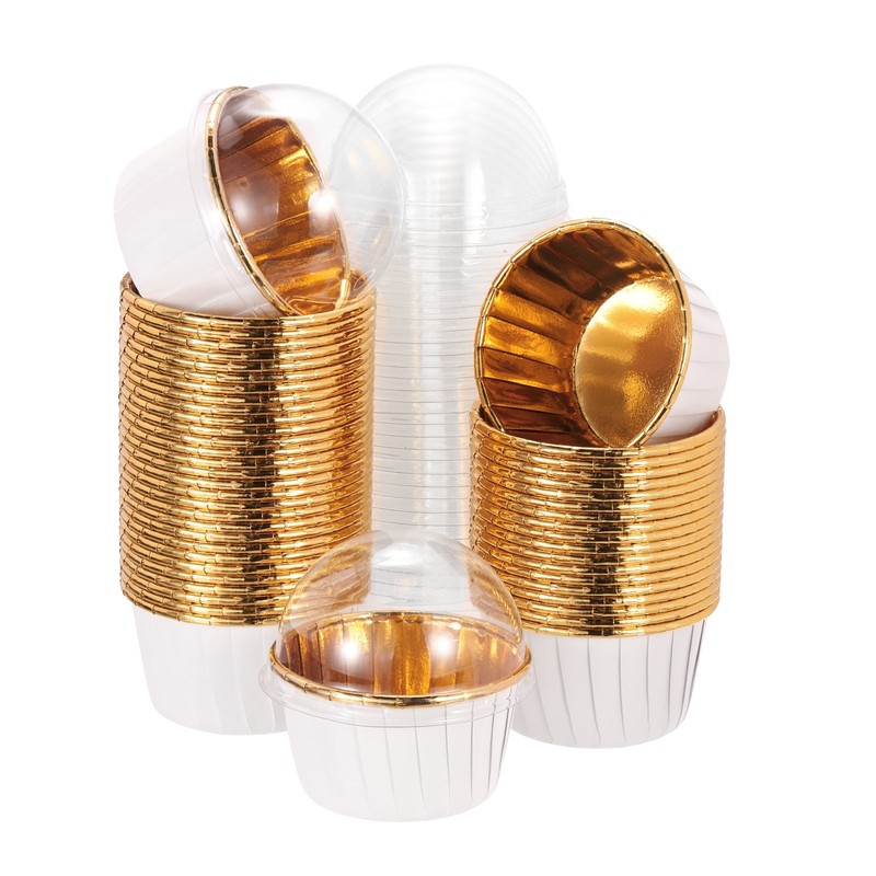 50 Pcs Cupcake Liners, Single-sided Aluminum Foil with Lids, White (Round)